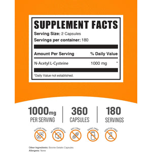Bulksupplements.Com N-Acetyl L-Cysteine 1000Mg Capsules - N-Acetyl Cysteine 1000Mg, NAC Supplement - NAC 1000Mg, Gluten Free - 2 Capsules per Serving, 360 Capsules (Pack of 1)