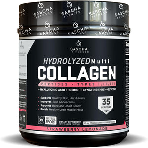 SASCHA FITNESS Hydrolyzed Multi Collagen Peptides Tipes 1,2 & 3 |Hyaluronic Acid|Biotin |Cynatine Hsn|Vitamin C & E |For Hairs, Skin & Bone Support|Strawberry Lemonade