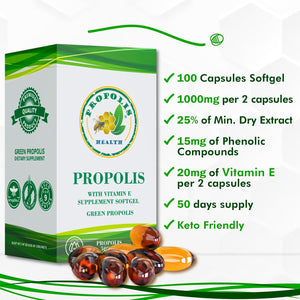 Propolis Health Propolis Capsules 1000Mg-Daily with Vitamin E per Dose - Pure Brazilian Green Propolis Extract - Immune Booster 50 Days Supply -100 Capsules
