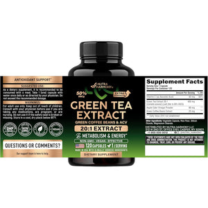 Green Tea Extract - 50% EGCG, Extra Strength 20:1 Extract - Natural Green Tea Supplement + Green Coffee Beans & Apple Cider Vinegar - Energy & Metabolism Support - for Men & Women - Vegan 120 Capsules