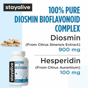 STAY ALIVE Diosmin Hesperidin 1000Mg Complex, 120 Count, Citrus Bioflavonoids Rich Fruit Extract, 2 Month Supply, 100% Vegetarian, Non-Gmo & Gluten Free Hesperidin and Diosmin Supplement Capsules