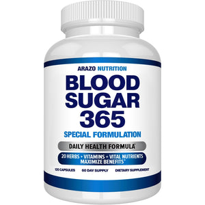 Arazo Nutrition Blood Sugar 365 Supplement – Supports Healthy Energy Levels - 120 Herbal Pills - 60 Day Supply