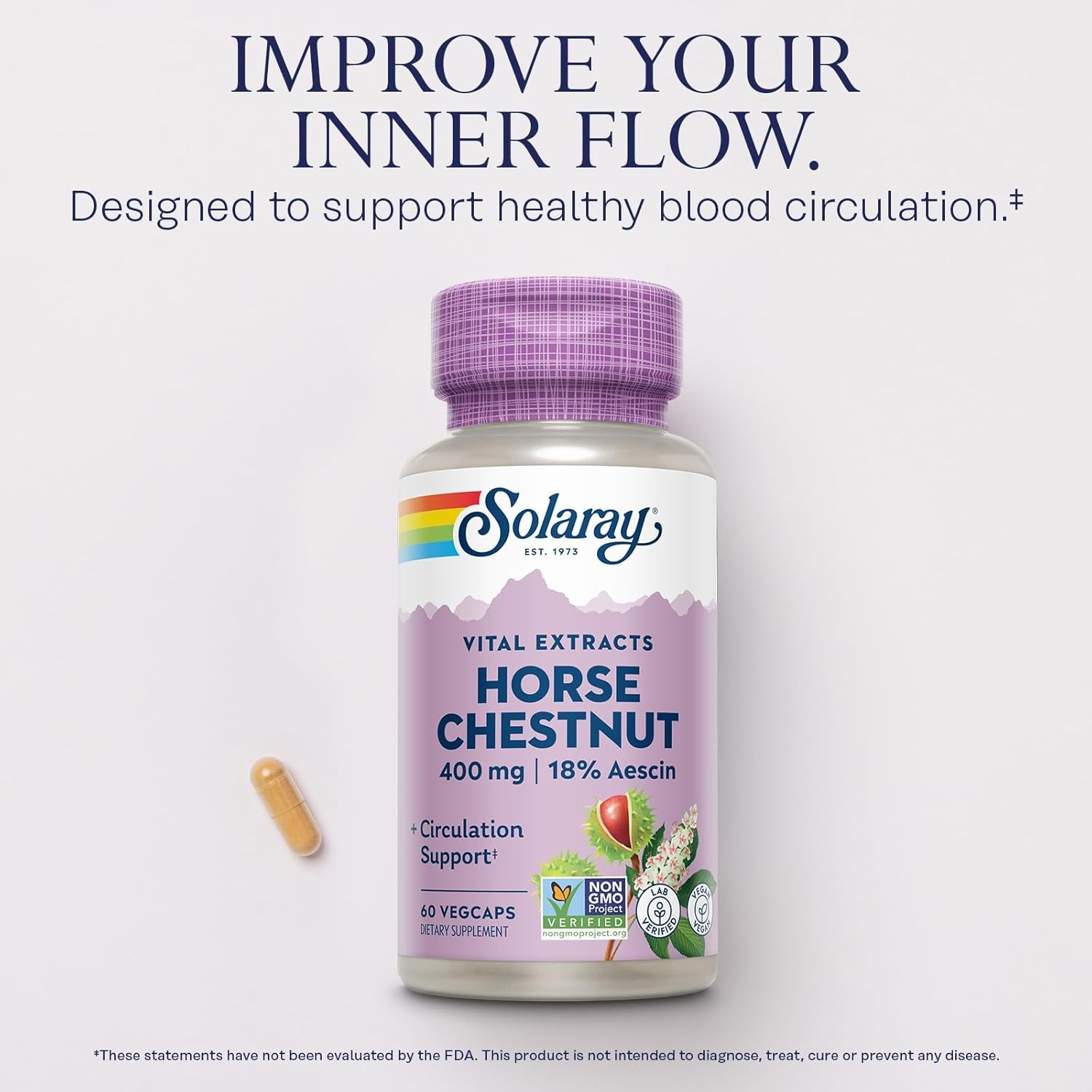 Solaray Horse Chestnut Extract 400 Mg - Standardized to 72 Mg Aescin - with 55 Mg of Butchers Broom - Vein and Blood Circulation Supplements - Vegan, Non-Gmo, 60-Day Guarantee, 60 Servings, 60 Vegcaps
