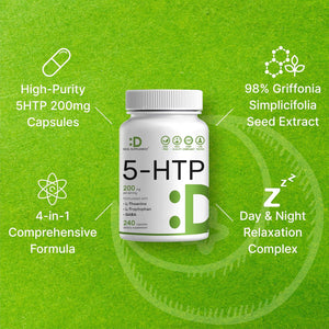 Deal Supplement 5-HTP 200Mg per Serving, 240 Capsules, 98% African Derived Griffonia Seed Extract | 4 in 1 Formula | plus Active L Theanine, L Tryptophan, & GABA | Relaxation Support Supplement