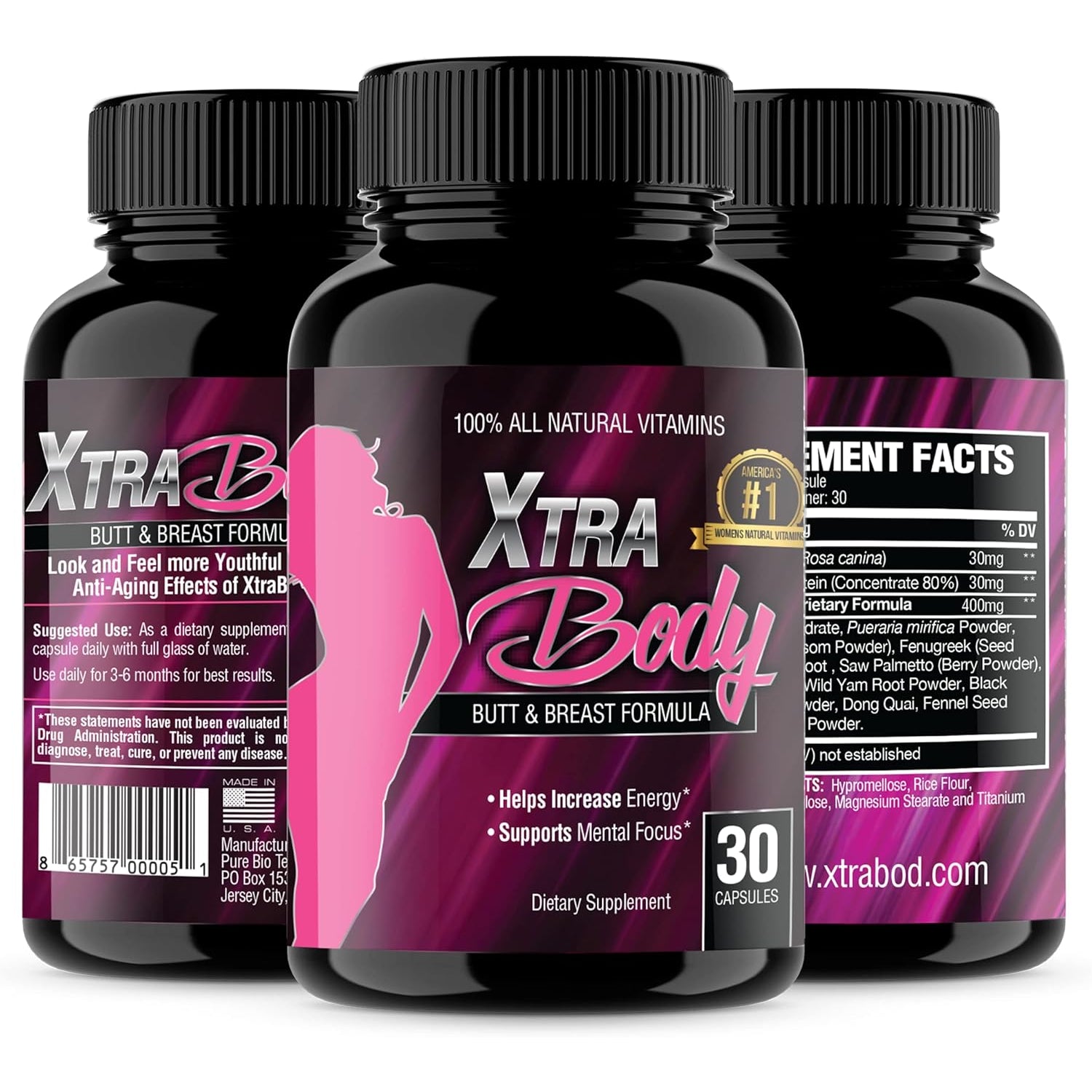 Xtrabody Butt Enhancement and Breast Enlargement Supplement - Estrogen Enhancer - Increases Butt & Breast Size, Reduces Menstrual Symptoms & Provides an Extra Boost of Energy (1 Bottle=30 Capsules)