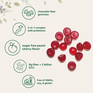Micro Ingredients Fiber Gummies with Probiotics, 120 Count | 6G per Serving + 2 Billion CFU | Sugar Free Peach Cherry Flavor | High Fiber Supplement for Women & Men | Non-Gmo, Gluten Free