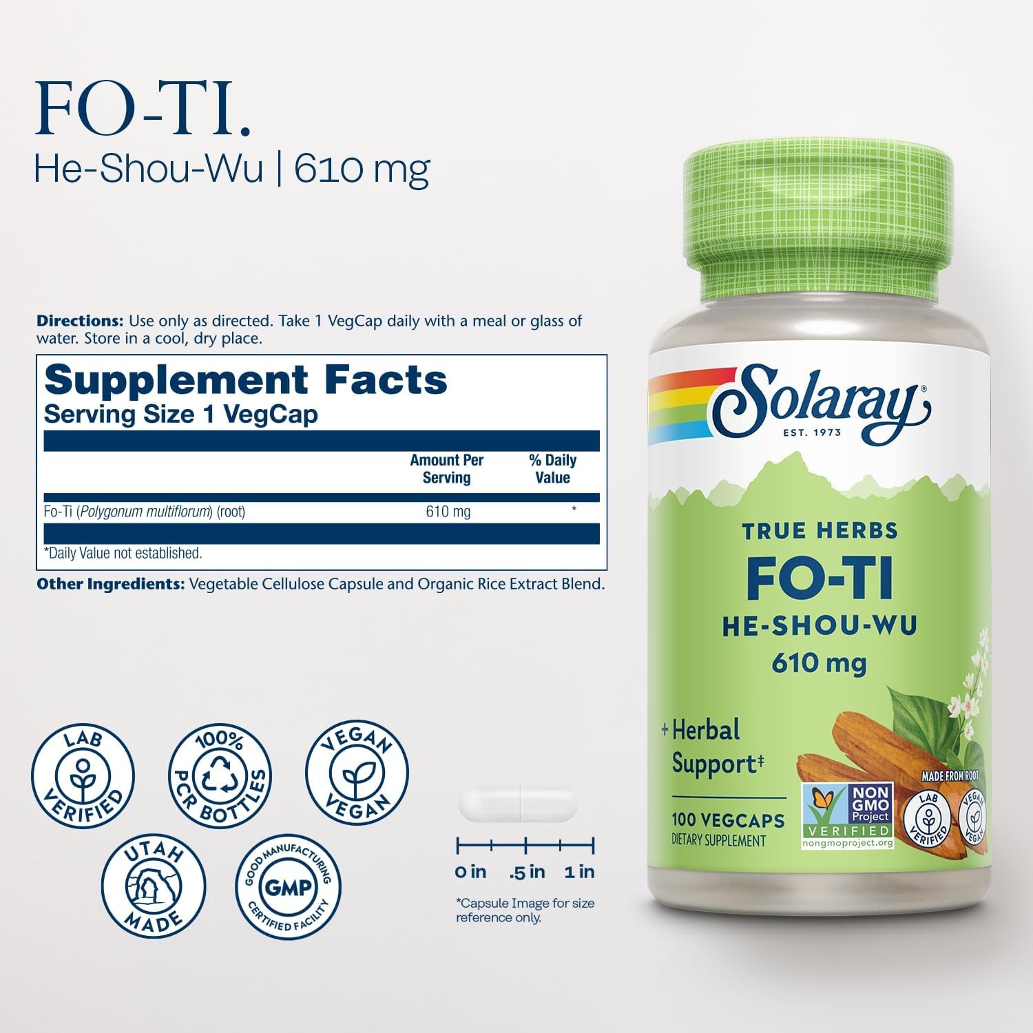 SOLARAY Fo-Ti Capsules - Chinese Herbal Supplement for Men & Women, Support for Herbal Wellness, Vegan, Non GMO, & Lab Verified, 610 Mg - 100 Servings, 100 Veg Caps