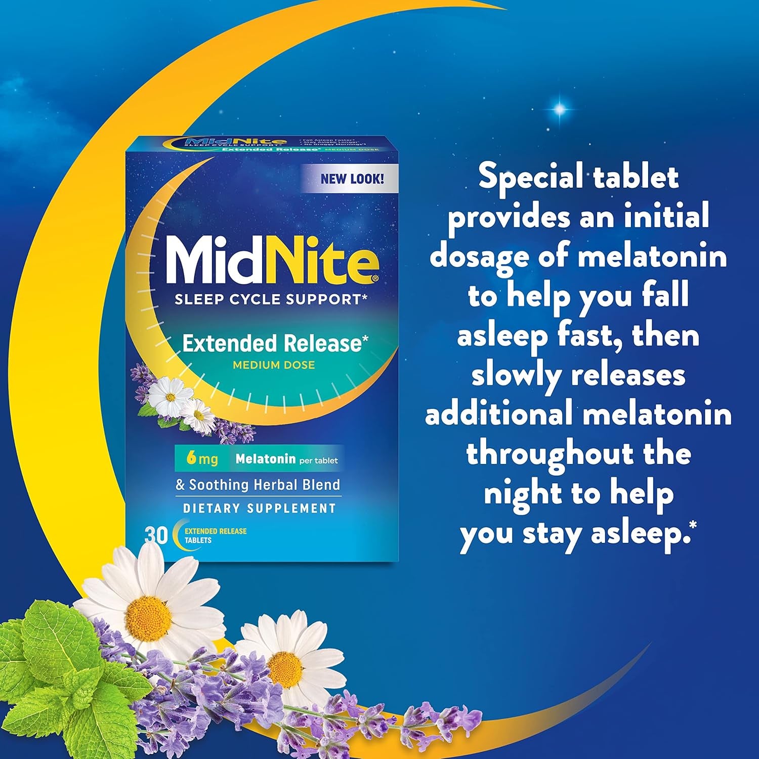 Midnite Extended Release Medium Dose, 6 Mg Melatonin Sleep Aid, Non-Habit Forming, Herbal Dietary Supplement for Adults, Drug-Free, Gluten-Free, Lactose-Free, Vegetarian, Vegan, 30 Tablets