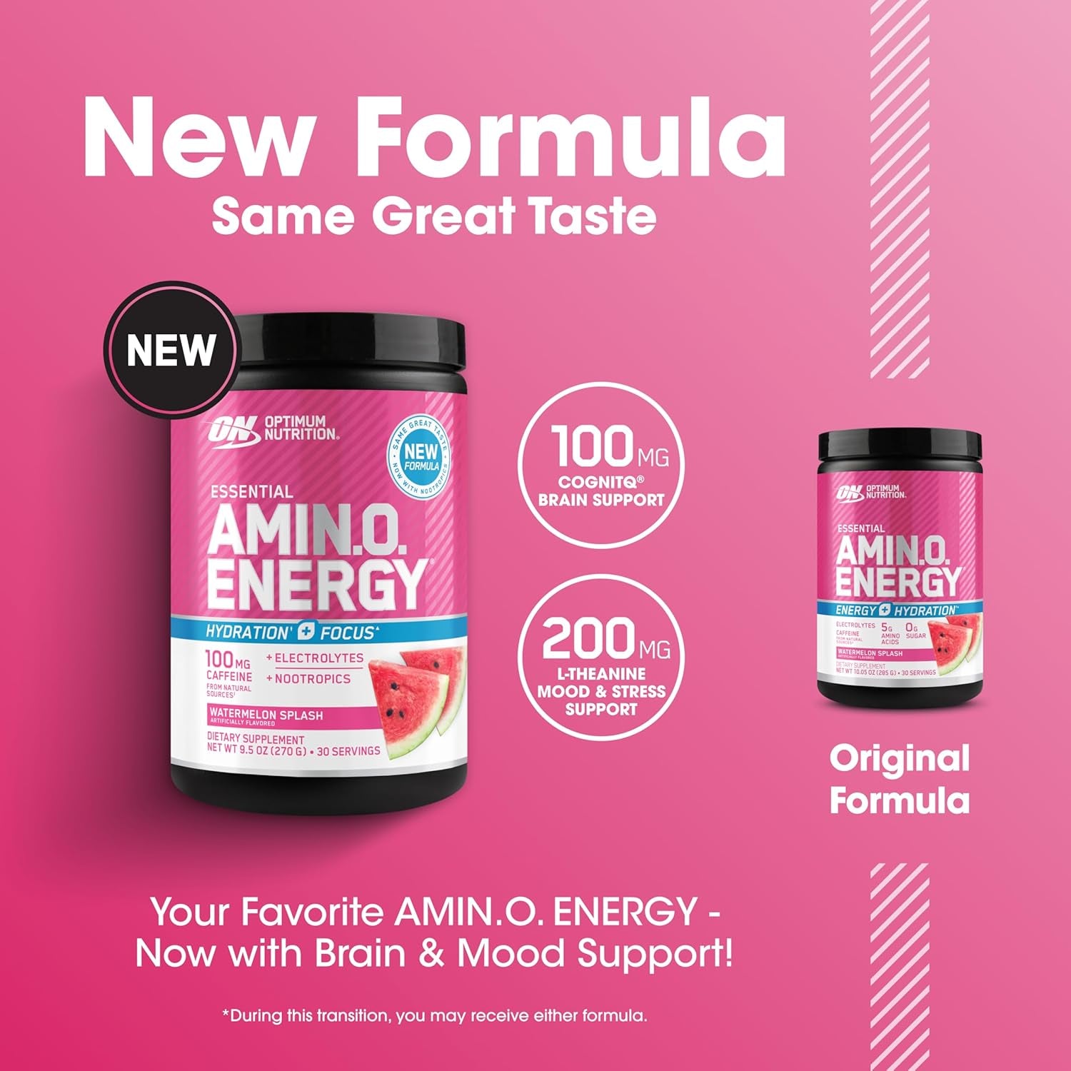 Optimum Nutrition Amino Energy Powder plus Focus, with BCAA, Electrolytes, and Caffeine, Watermelon, 30 Servings (Packaging May Vary)