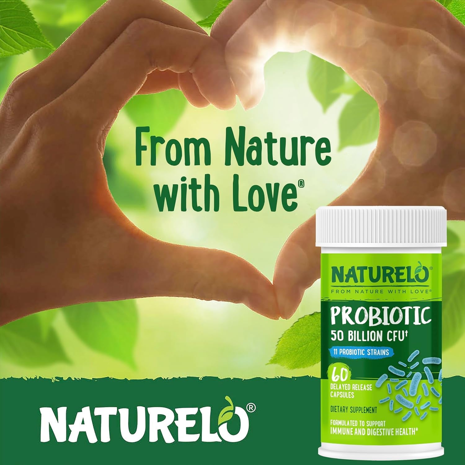 NATURELO Probiotics for Digestive Health, 50 Billion CFU, 60 Vegetarian Capsules, 11 Strains, Daily Use Supplement, Delayed Release, No-Fridge, Boosts Immune System, Probiotics for Women & Men