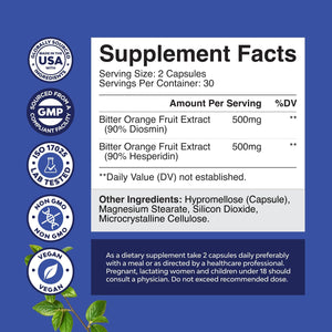 Diosmin Hesperidin 1000Mg Complex for Adults - Bitter Orange Supplement for Varicose Veins Support, Leg & Feet Blood Health - Diosmin & Hesperidin Supplements from Citrus Aurantium - 60 Count