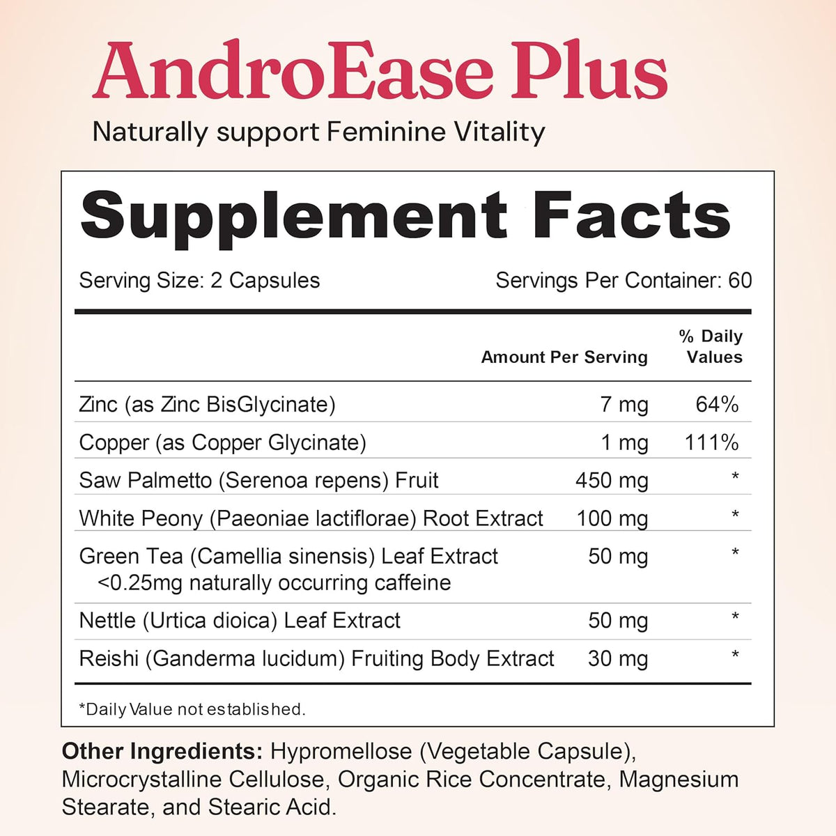 Nourished Androease plus - Vegan Hormone Balance for Women - Zinc, Reishi, Green Tea and Saw Palmetto for Women - for Energy, Vitality, Facial Hair and Daily Wellness - 60 Capsules, Made in USA