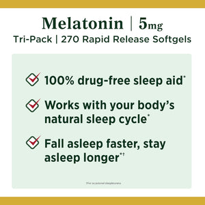 Nature'S Bounty Melatonin 100% Drug Free Sleep Aid, Dietary Supplement, Promotes Relaxation and Sleep Health, 5 Mg, 90 Count, Pack of 3