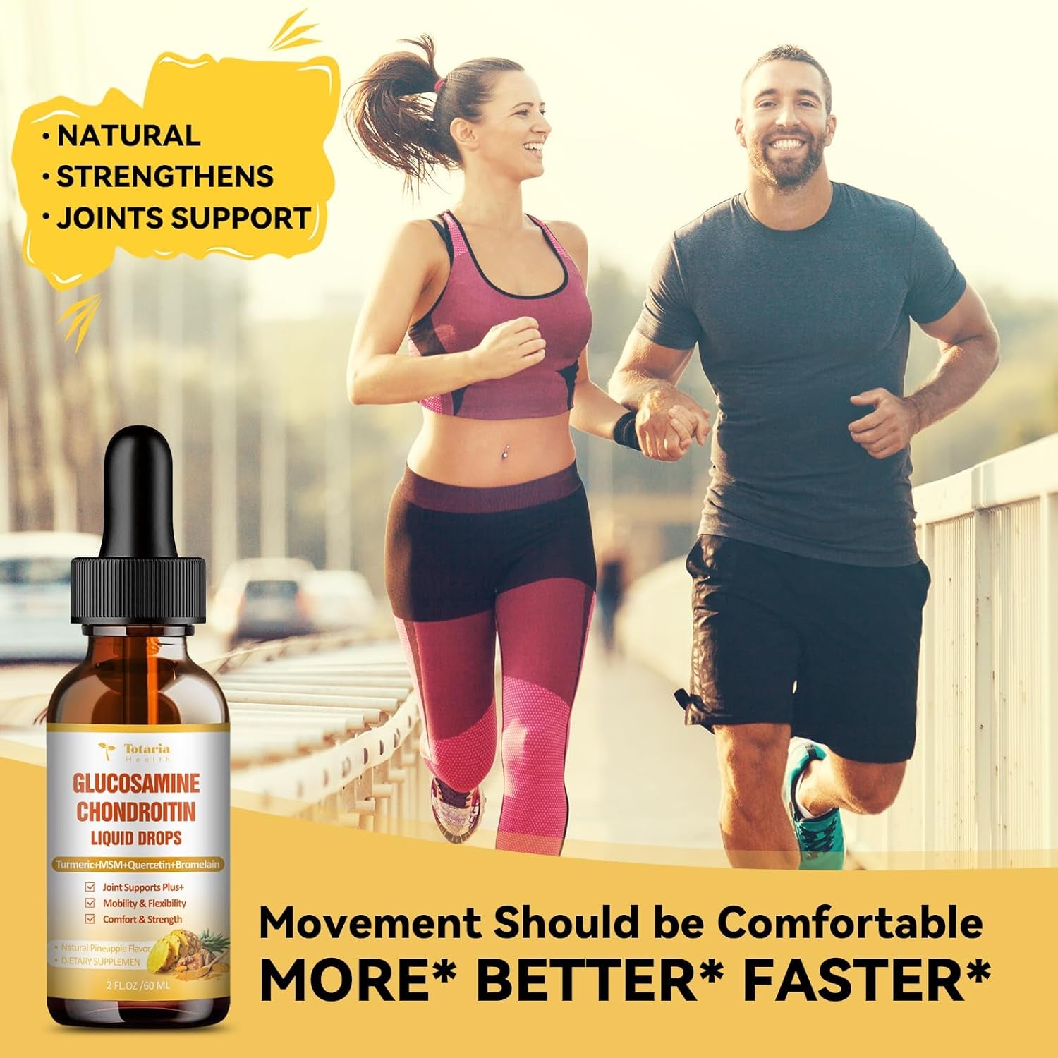 Glucosamine Chondroitin MSM Liquid Drops, Vitamin D3 - Joint Support Supplement for Mobility, Flexibility & Bones Chondroitin Sulfate Supplement Turmeric, Quercetin, Bromelain, MSM Oil 2 FL.OZ
