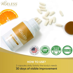 AGELESS™: Ultramax Gold™ Capsules, HGH Anti-Aging Supplement for Women, Slows Cellular Aging, Supports Immune Health, Smoother Skin Tone and Restorative Sleep, Weight Management, 90 Capsules