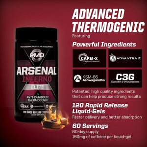 PMD Sports Arsenal X Inferno Superior Fast-Acting Liquid Gel Thermogenic Dietary Supplement - Fat Burner and Muscle Maintenance - Increase Metabolism and Energy Booster - 120 Liquid Gels