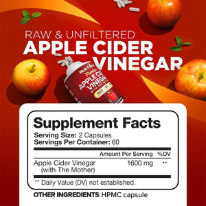 Nutrivein Premium Apple Cider Vinegar Supplements with Mother - 1600 Mg - 120 Apple Cider Vinegar Capsules: ACV Pills for Digestion, Keto, Cleansing, and Balanced Nutrition