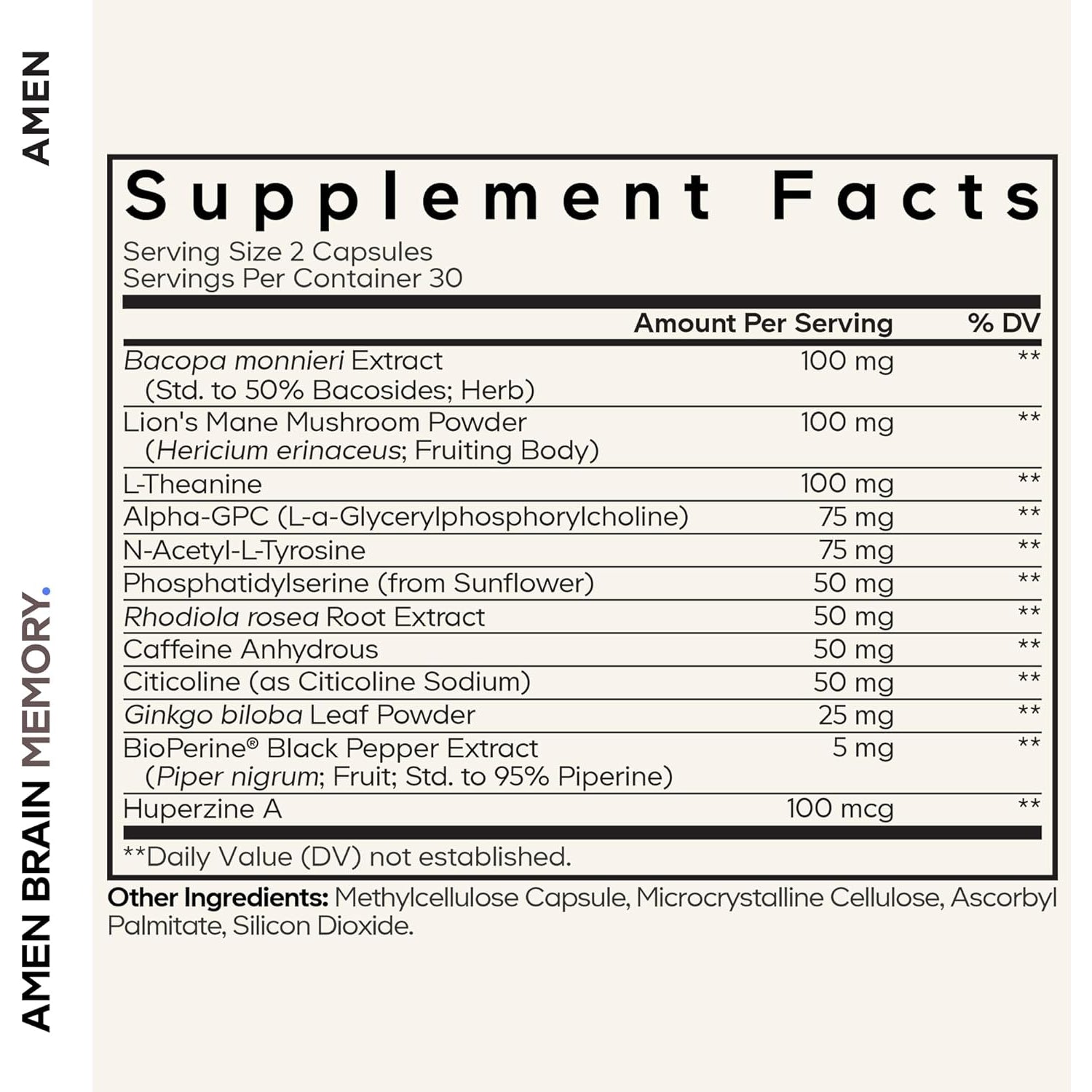 Amen Brain Memory Supplement- Bacopa, Lion’S Mane, Alpha-Gpc, Citicoline, Phosphatidylserine, Rhodiola, Ginkgo, Bioperine, Huperzine a - NSF Certified Cognition & Mind Vitamins, Non-Gmo - 60 Capsules