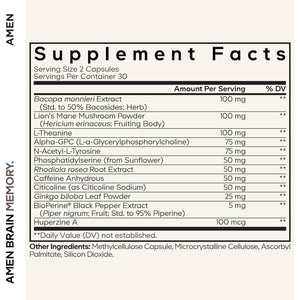 Amen Brain Memory Supplement- Bacopa, Lion’S Mane, Alpha-Gpc, Citicoline, Phosphatidylserine, Rhodiola, Ginkgo, Bioperine, Huperzine a - NSF Certified Cognition & Mind Vitamins, Non-Gmo - 60 Capsules