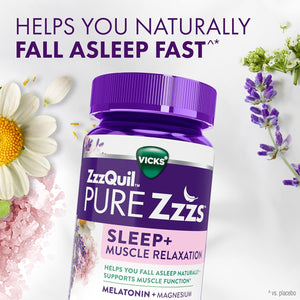 Zzzquil Pure Zzzs Muscle Relaxation Melatonin Sleep Aid Gummies, Supports Muscle Function, Helps You Fall Asleep Naturally, Fast, Melatonin + Magnesium, No Next-Day Grogginess, Drug-Free, 60Ct