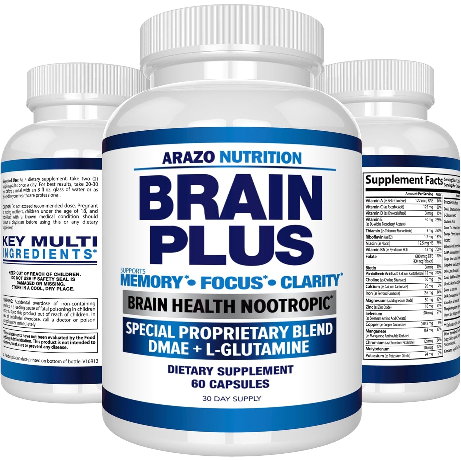 Arazo Nutrition Premium Brain Function Supplement – Memory, Focus, Clarity – Nootropic Booster with DMAE, Bacopa Monnieri, L-Glutamine, Multi Vitamins, Multi Minerals