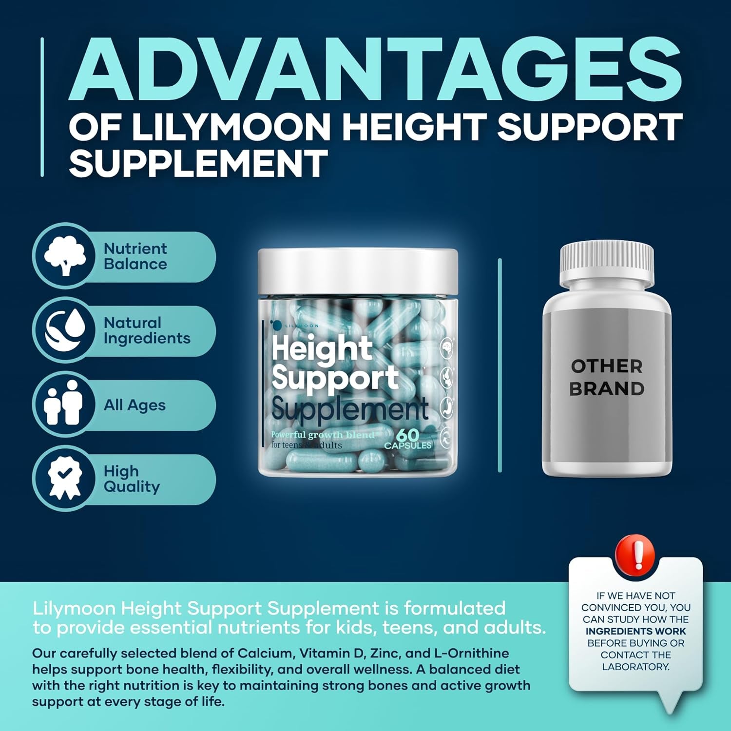 Height & Bone Support Supplement - Premium Height Growth Supplement for Kids & Teens with Calcium - Nutritional Support Bone Health Formula - Height Increase Essential Vitamins - 60 Caps