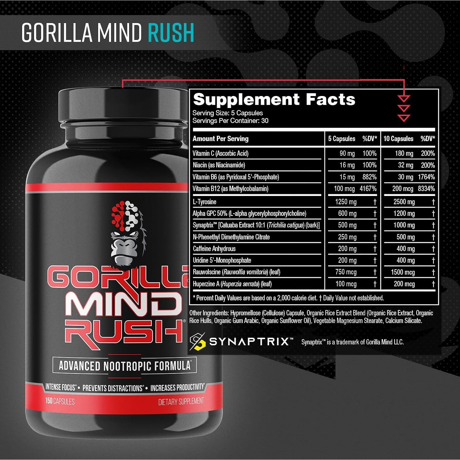 Gorilla Mind Rush - Nootropic Supplement | Intense Focus · Insane Productivity Cognitive Health Support, Memory, Focus, Concentration, Clarity | 150 Capsules