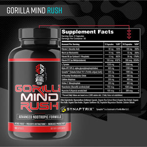 Gorilla Mind Rush - Nootropic Supplement | Intense Focus · Insane Productivity Cognitive Health Support, Memory, Focus, Concentration, Clarity | 150 Capsules