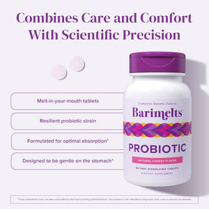 Barimelts Probiotic, 5 Billion CFU - 60 Fast-Dissolving Tablets (2-Month Supply) - Sugar-Free Probiotics for Women, Support Gut Health after Bariatric Surgery, Natural Cherry Flavor