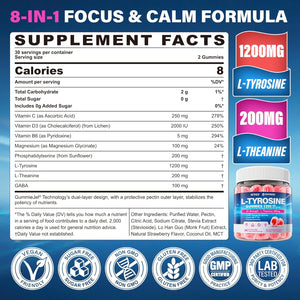 L Tyrosine Gummies Supplement 1200Mg, GABA L-Theanine Supplement 200Mg with Magnesium Glycinate Vitamin B6, D3 & C - Calm & Focus Gummies - Brain Supplements for Memory, Mood & Relax for Adults, 60Cts