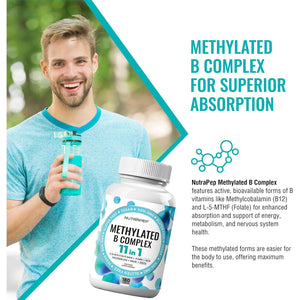 Nutrapep Methylated B-Complex Vitamins - Complete Methyl B Complex Multivitamin with Bioactive B9 5-MTHF B6 B12 - MTHFR Support Supplement for Brain Heart Energy - Vegan Gluten Free Sugar Free