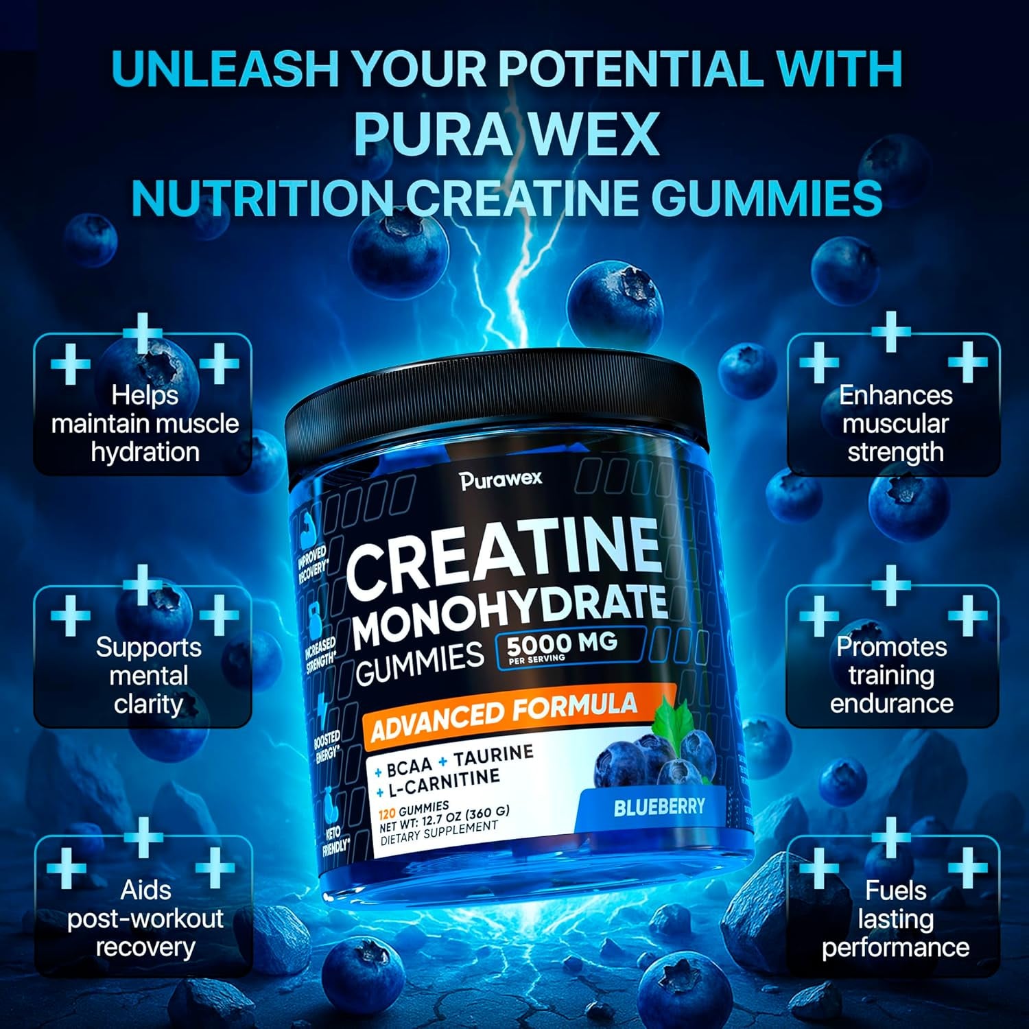 Creatine Monohydrate Gummies 5000Mg Complex for Men & Women - Pre Workout Creatine Chews for Muscle Growth, Strength & Energy, Sugar Free, Vegan, Blueberry Flavor - 120 Count