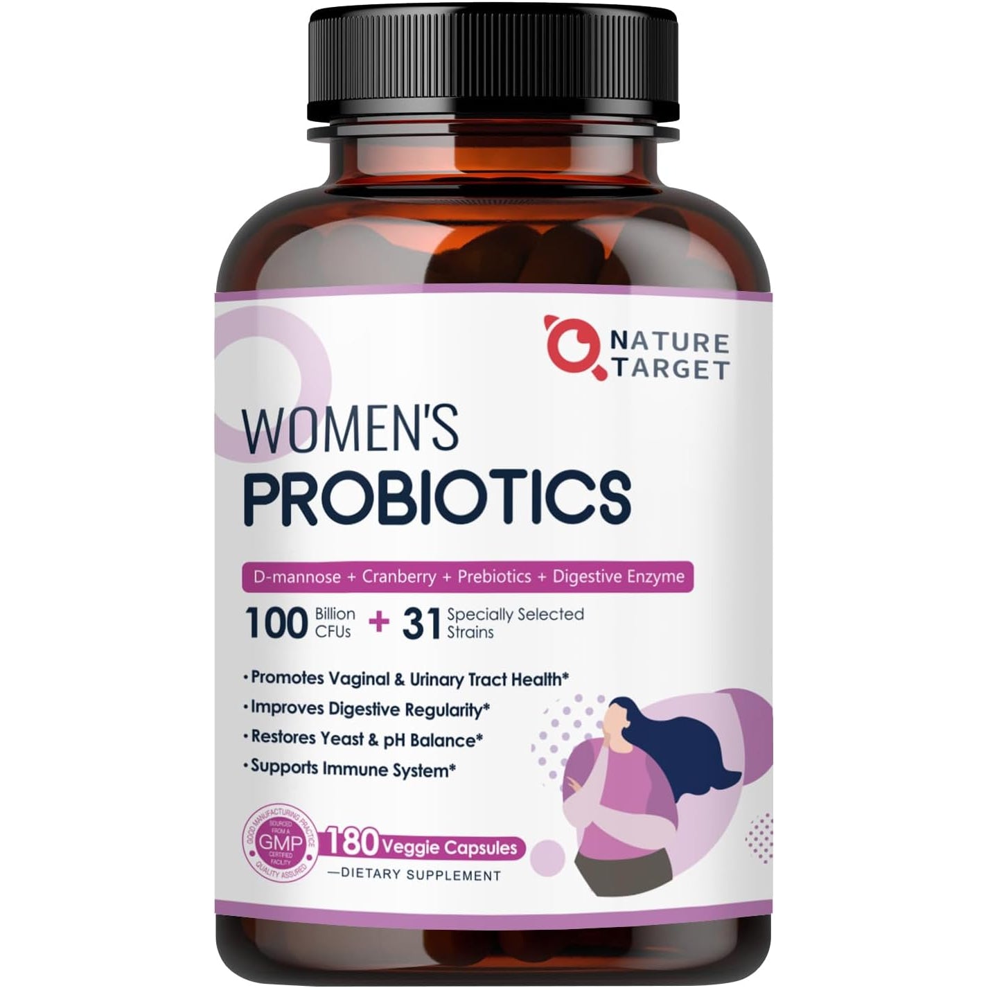 NATURE TARGET Probiotics for Women, 100 Billion Cfus Probiotic with Digestive Enzymes & Prebiotics, Vaginal Probiotics with Cranberry for Urinary Tract Health, Ph Balance, 180 Veggie Capsules