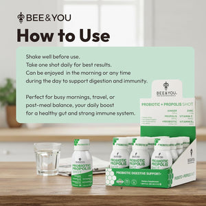 Bee and You Propolis Immune Shot, Probiotic, Vitamin C, Vitamin D3, Zinc, Ginger, Immune Support, Gut Health, Digestive Health, Bioactive 1.69 Fl. Oz, 12 Pack