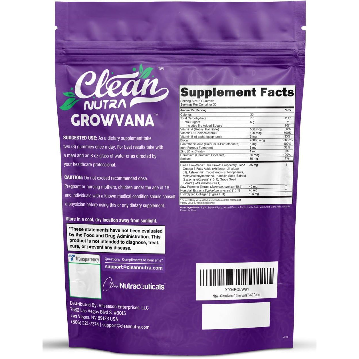 Growvana Hair Growth Gummies for Women Biotin Collagen Keratin Saw Palmetto Horsetail Astaxanthin Iron Zinc Pantothenic Acid Vitamin a D E Pumpkin Seed Ahiflower MSM Supplement by Clean Nutra 90 Count