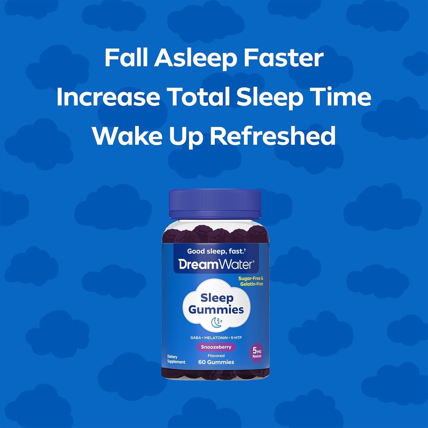 Dream Water Sleep Gummies (60 Count) Sleep Aids for Adults - 5Mg Melatonin, GABA, 5-HTP - Natural Snoozeberry Flavor (Blue Raspberry) - Easy Chew Melatonin Gummies - Sugar Free, Gluten Free, Vegan.