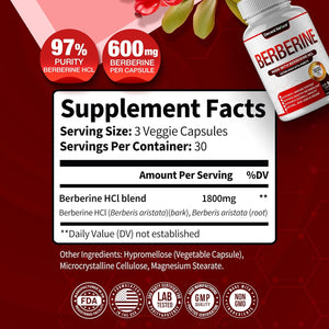 Berberine Supplement 1800Mg - Premium Berberine Hcl 97% High Purity, Supports Immune System, High Potency Hydrochloride & Extract, Activates AMPK & GLP-1, Non-Gmo Vegan, for Men Woman 90 Capsules