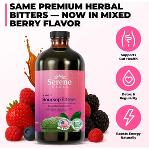 Serene Herbs Soursop Bitters Liquid with Soursop Leaves for Gut Cleanse, Detox & Immune Boost with Black Seed, Moringa, Irish Moss, Ashwaganda, Turmeric, 16 Fl Oz (16 Fl Oz (Pack of 1), Mixed Berry)