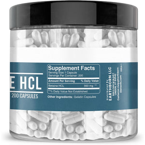 Earthborn Elements Betaine HCL, 200 Capsules, Lab-Tested, No Filler or Additives