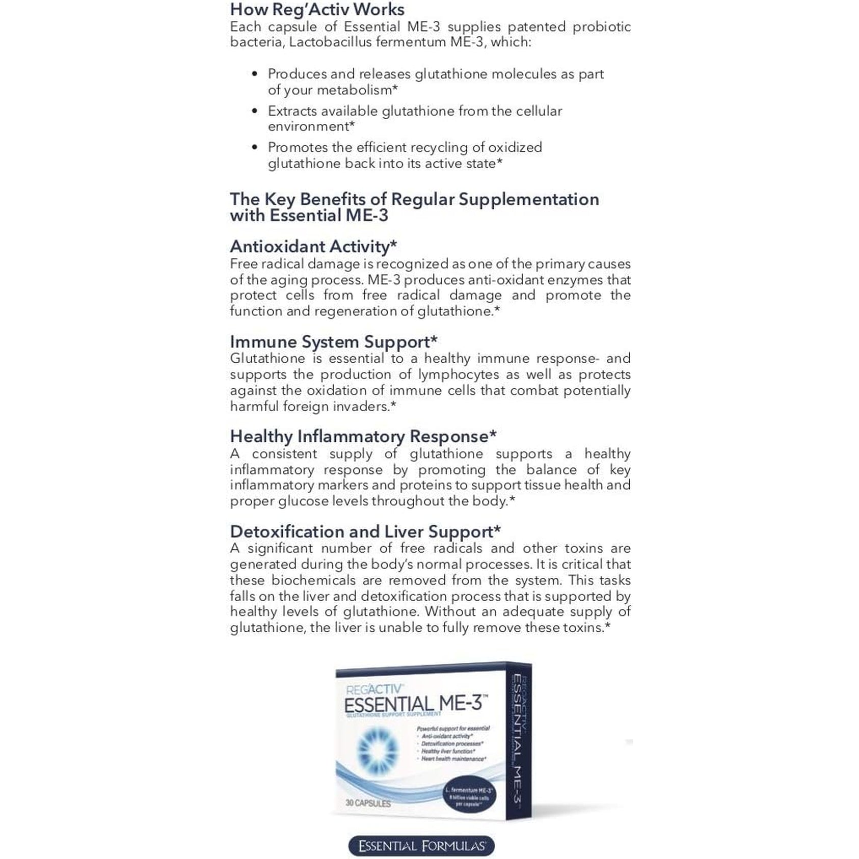 Reg'Activ Essential ME-3, 30 Capsules. a Glutathione-Producing Probiotic That Delivers Glutathione to the Intestine for Efficient Guthatione Supplementation