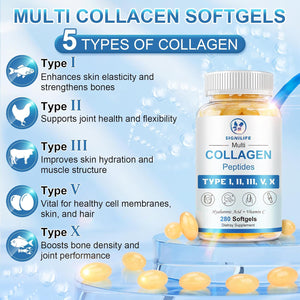 Multi Collagen Peptides for Women & Men, Hydrolyzed Collagen Peptides-Type I, II, III, V, X - with Hyaluronic Acid,Vitamin C,Biotin,Supports Skin Hair Nail, Non-Gmo, 280 Softgels