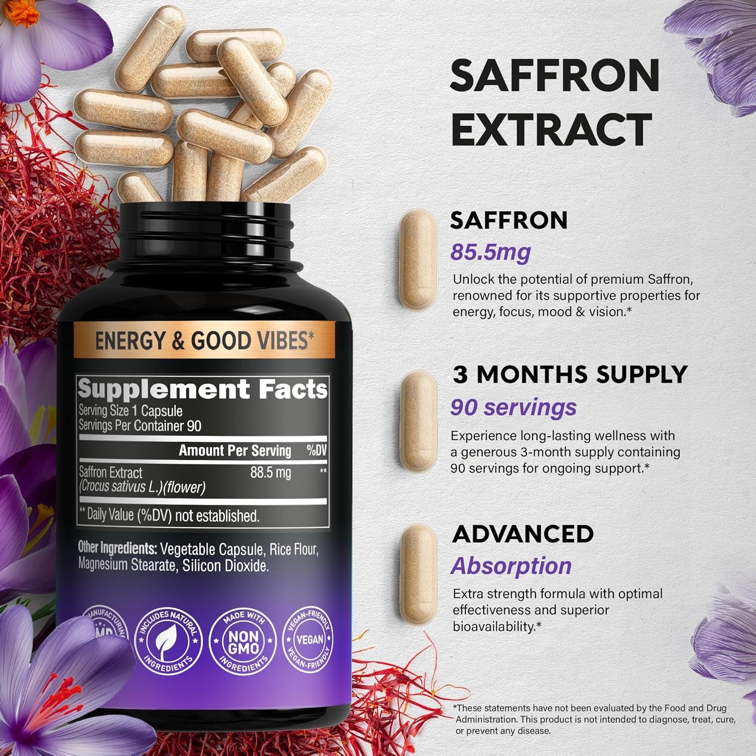 Natural Saffron Supplements - Pure Saffron Extract 88.5 Mg - Mood | Focus | Vision | Energy Support - Eye Health for Women & Men - Lab Tested - Nongmo Vegan Pills - 90 Powder Capsules, 3 Month Supply