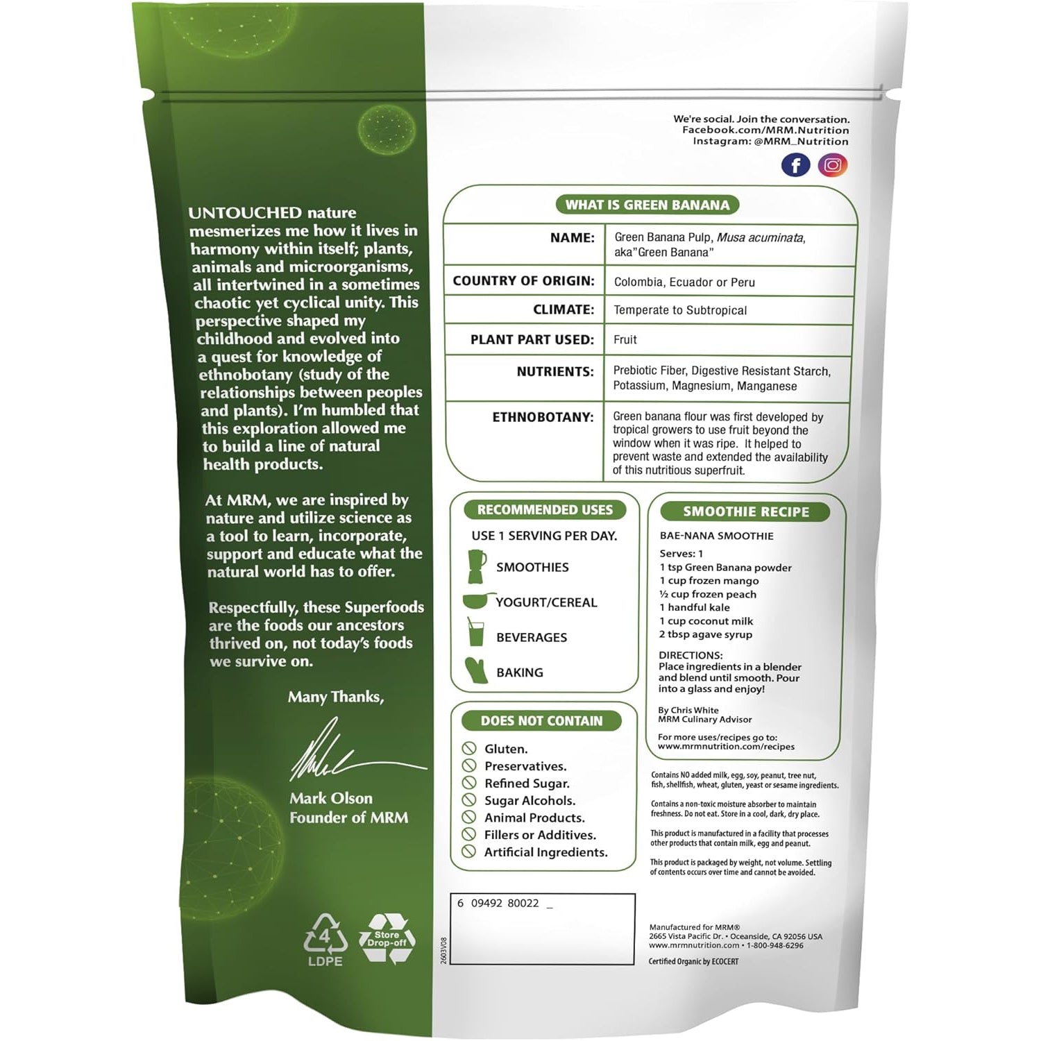 MRM Organic Green Banana Powder Superfood - Prebiotic-Fiber, Digestive Resistant Starch, Flour Alternative for Baking, Cooking and Shakes, Gluten‑Free, Vegan, Non-Gmo Verified-40 Servings