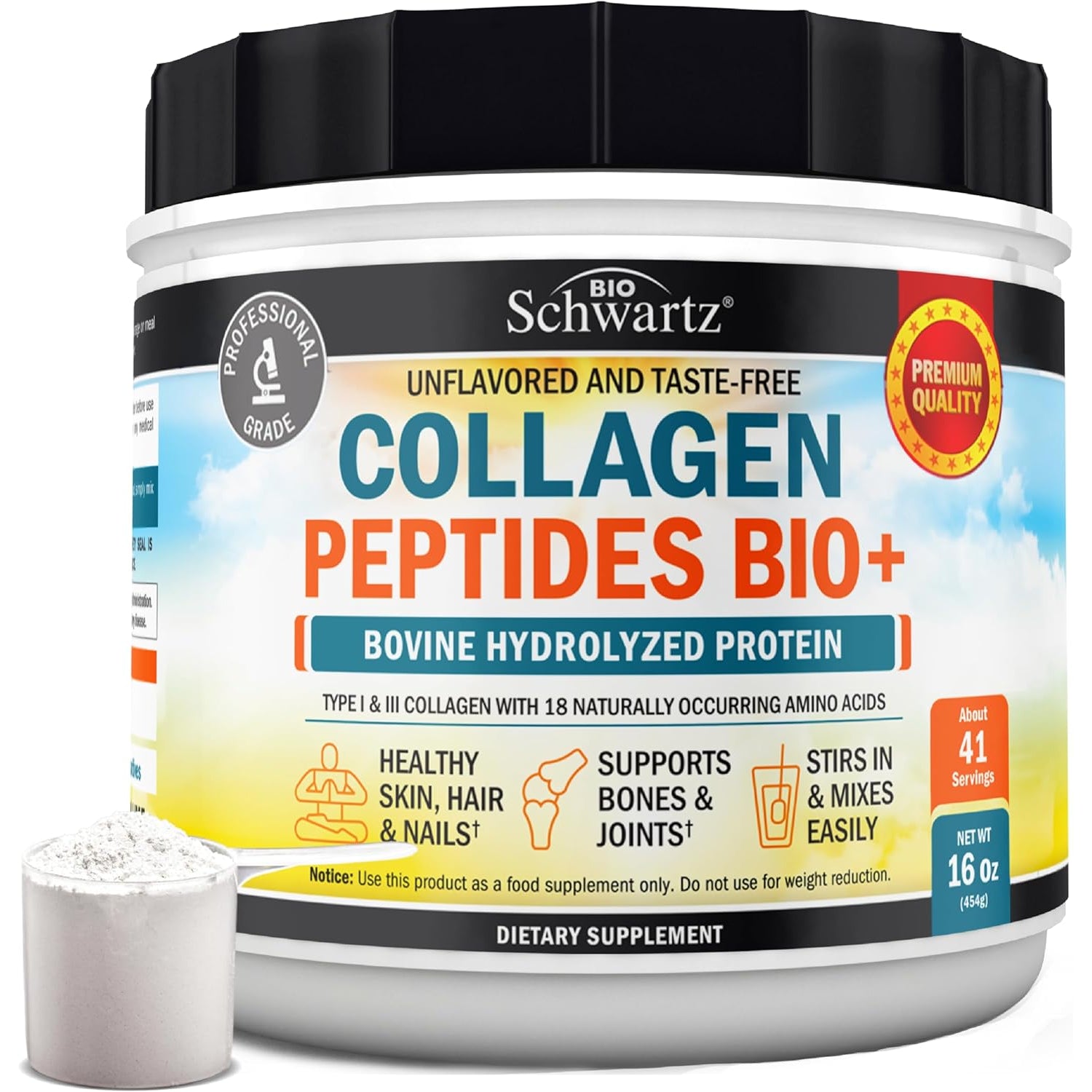 Bioschwartz Collagen Peptides Powder for Women and Men - Grass Fed Hydrolyzed Collagen Powder - Types I and III with 10G Protein for Hair, Skin, Nail, & Joint Support - 41 Servings - 16Oz Unflavored