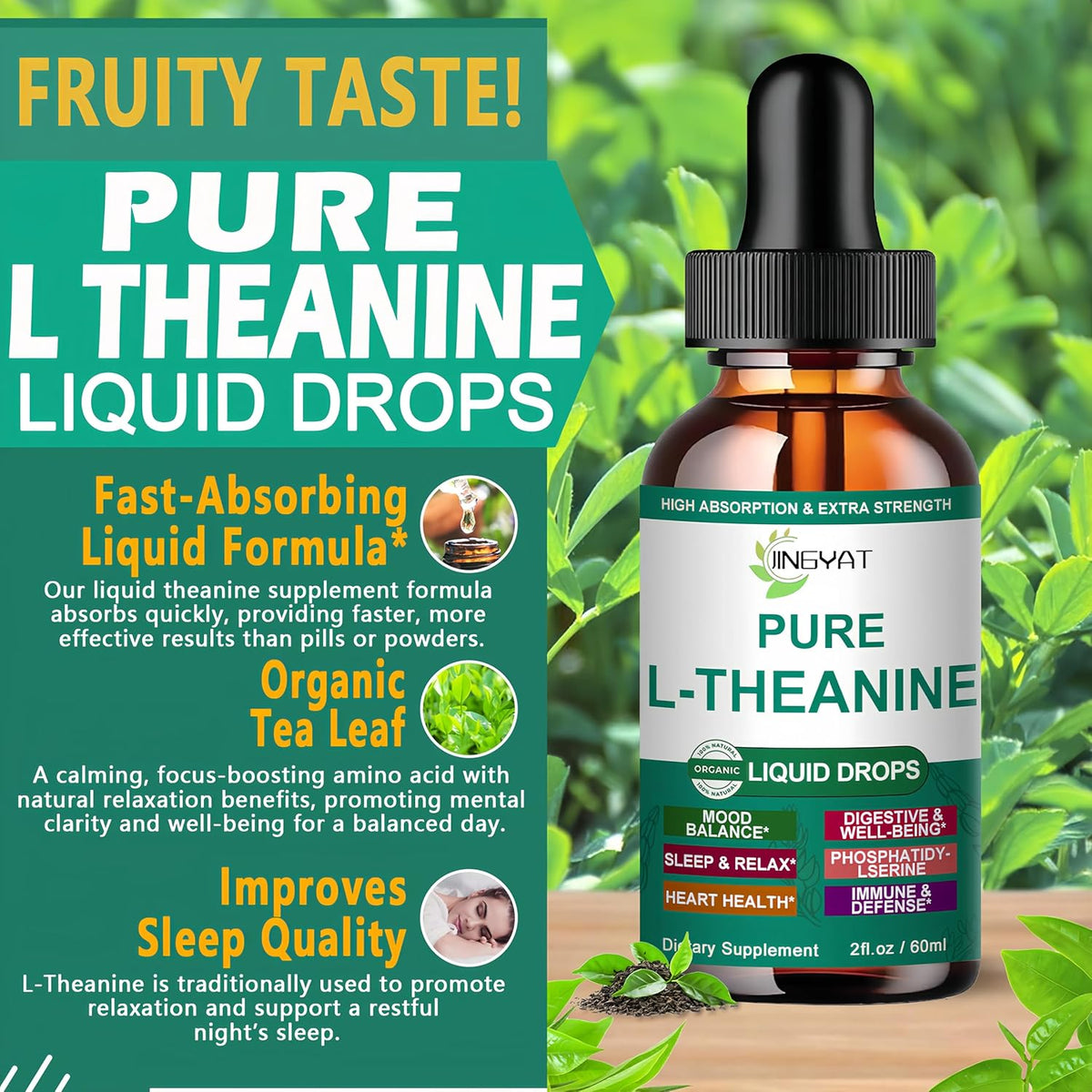 L Theanine Liquid Drops, Pure L-Theanine 400Mg for Adults and Kids, Organic High Absorption L Theanine Supplement, Natural Focus Supplement, Non-Gmo | Gluten Free | 30 Servings