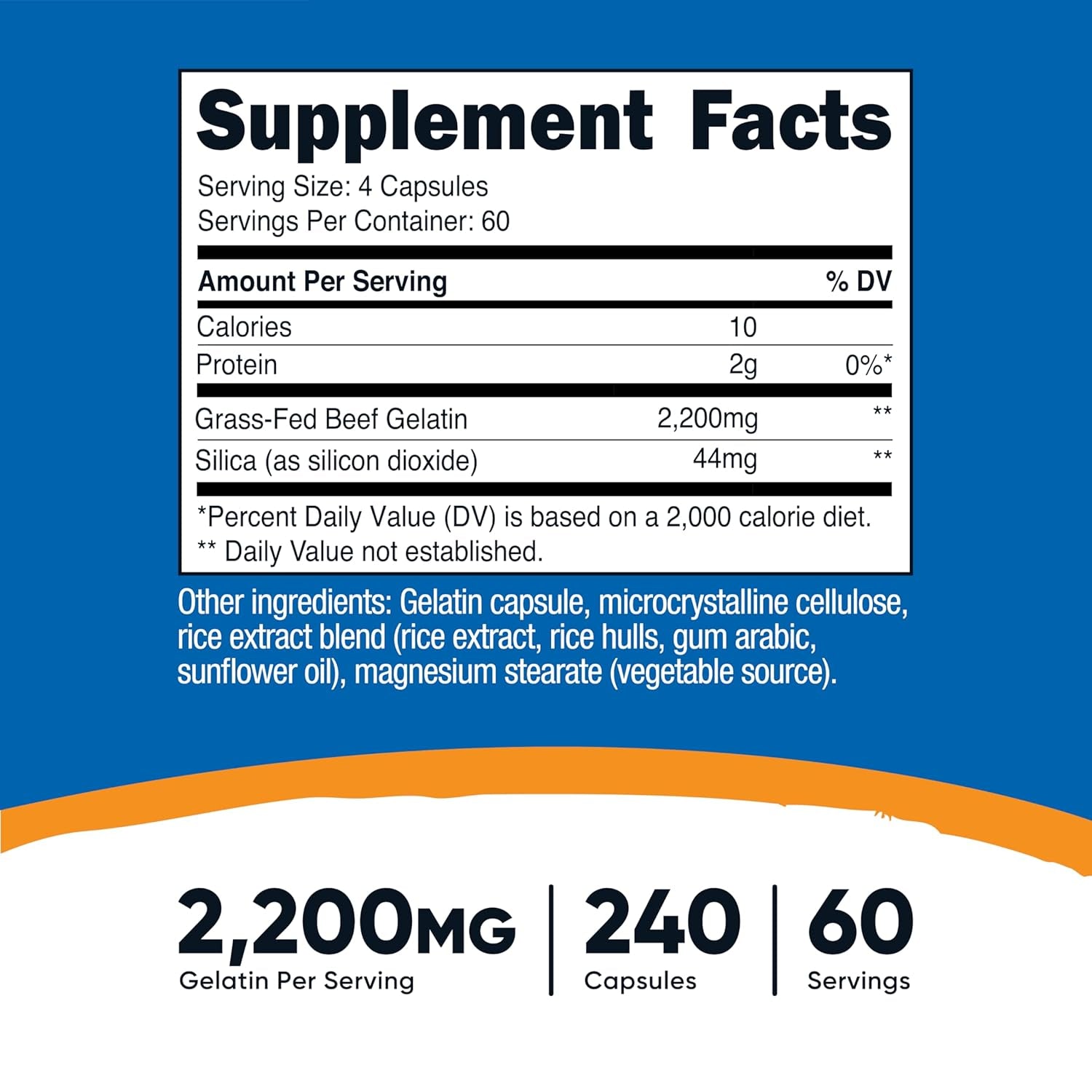 Nutricost Gelatin with Silica (2,200Mg) 240 Capsules - with Grass-Fed Beef Gelatin, Gluten-Free, Gmo-Free, 60 Servings