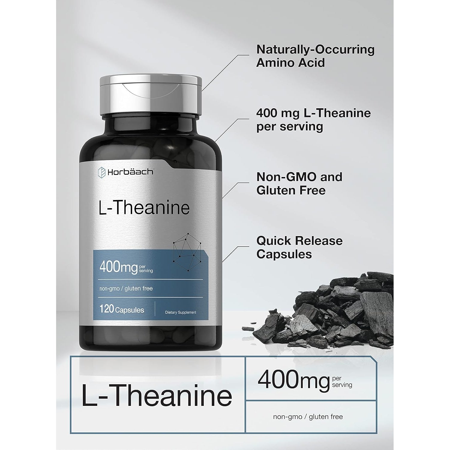 Horbäach L-Theanine Supplement | 400Mg | 120 Powder Capsules | Non-Gmo & Gluten Free