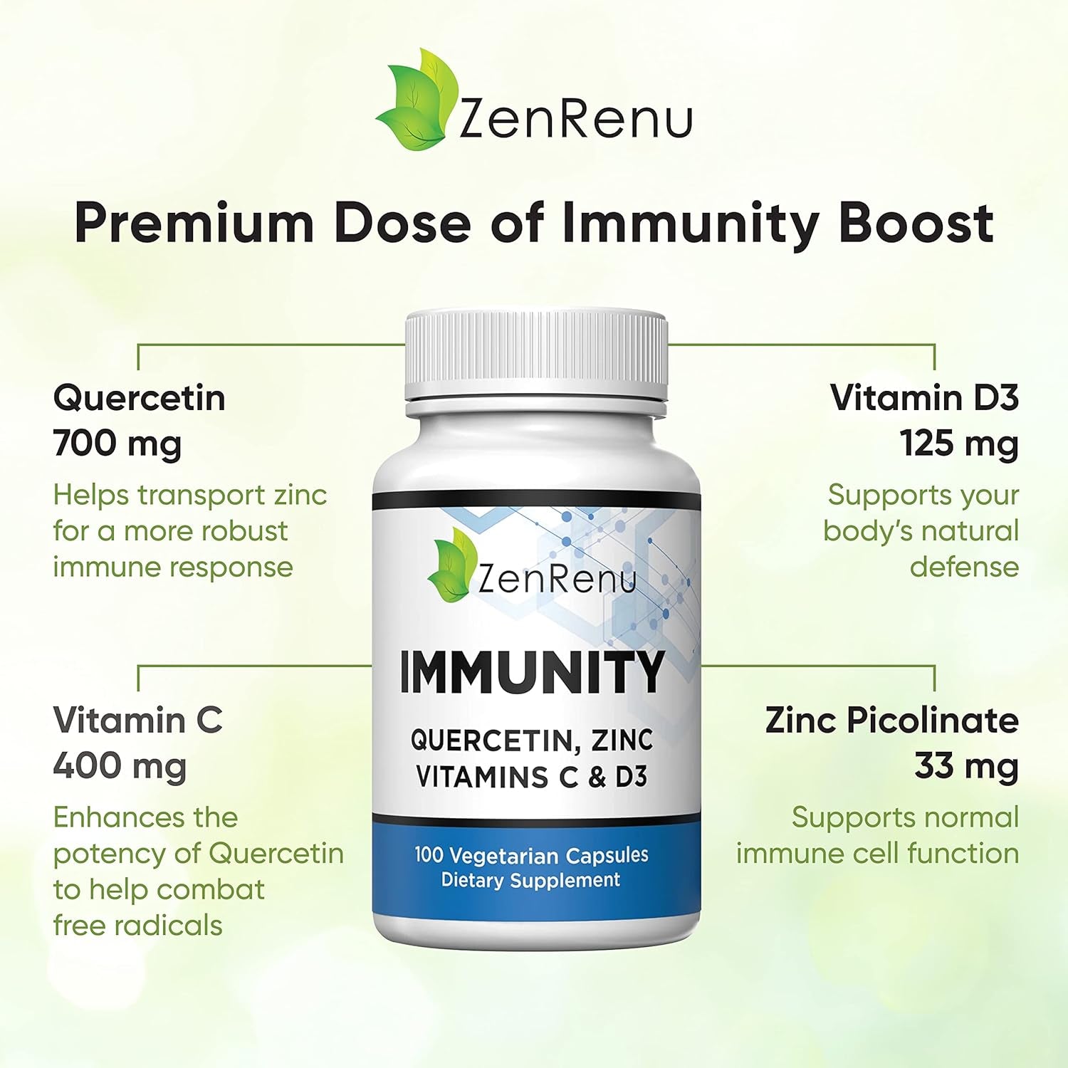 Immunity Quercetin 700 Mg Zinc Vitamin C Vitamin D Immune Support Supplement with Curcumin - Easy to Absorb Immunity Supplement, 100 Vegetarian Capsules 50 Day Supply