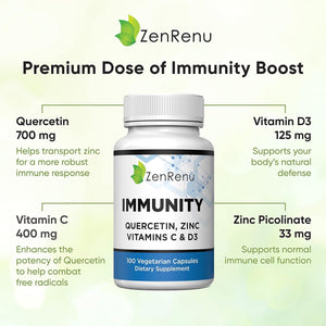Immunity Quercetin 700 Mg Zinc Vitamin C Vitamin D Immune Support Supplement with Curcumin - Easy to Absorb Immunity Supplement, 100 Vegetarian Capsules 50 Day Supply
