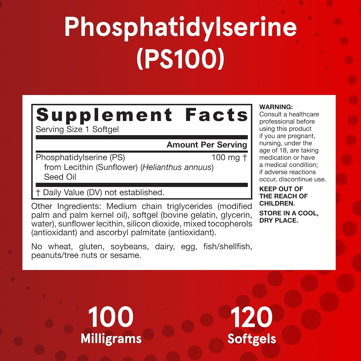Jarrow Formulas PS100 Phosphatidylserine 100Mg, Dietary Supplement for Brain Health and Cognitive Function Support, 120 Softgels, up to a 40-120 Day Supply